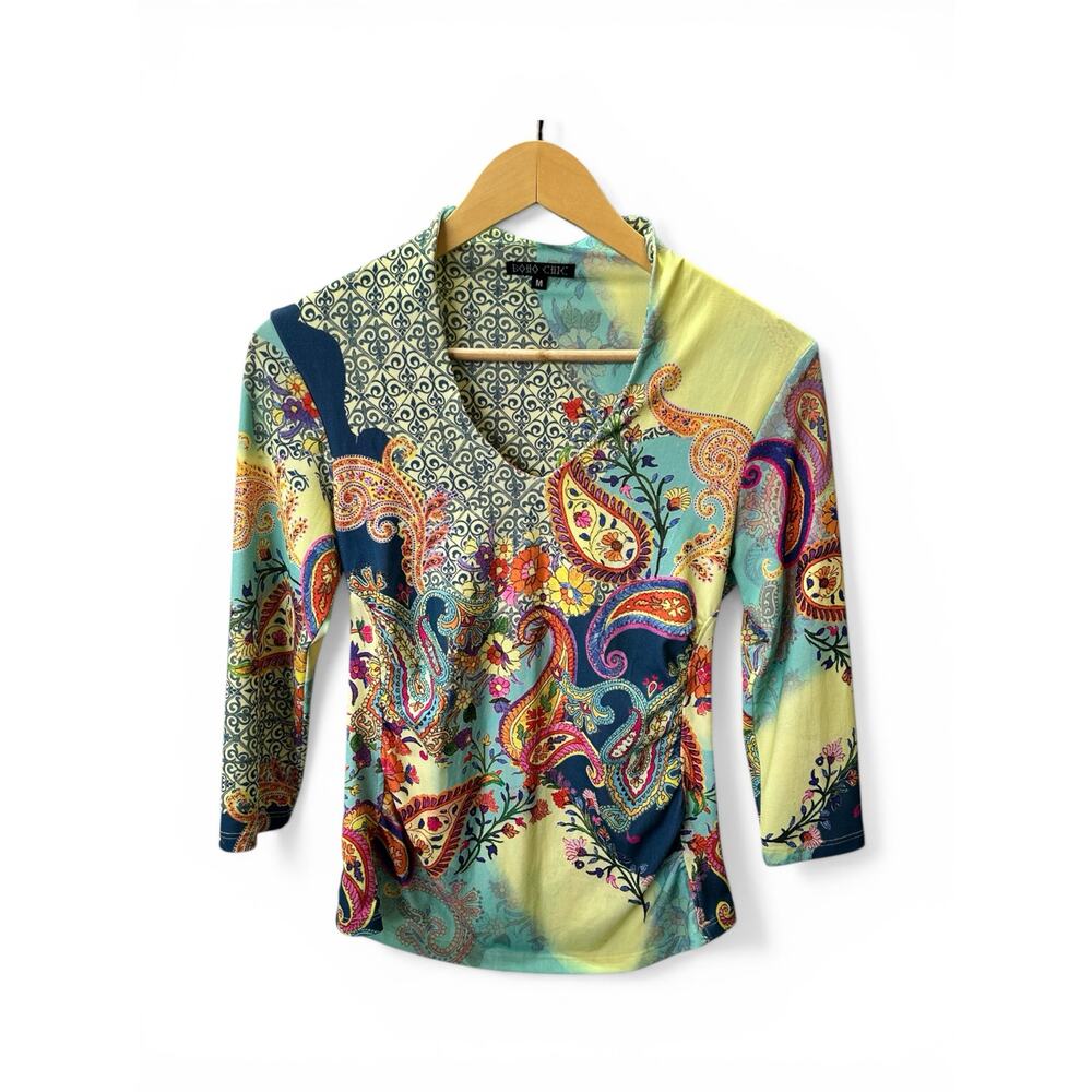 Boho Chic Bright Bold Paisley Fitted Top Size M Resortwear Festival 3/4 Sleeve